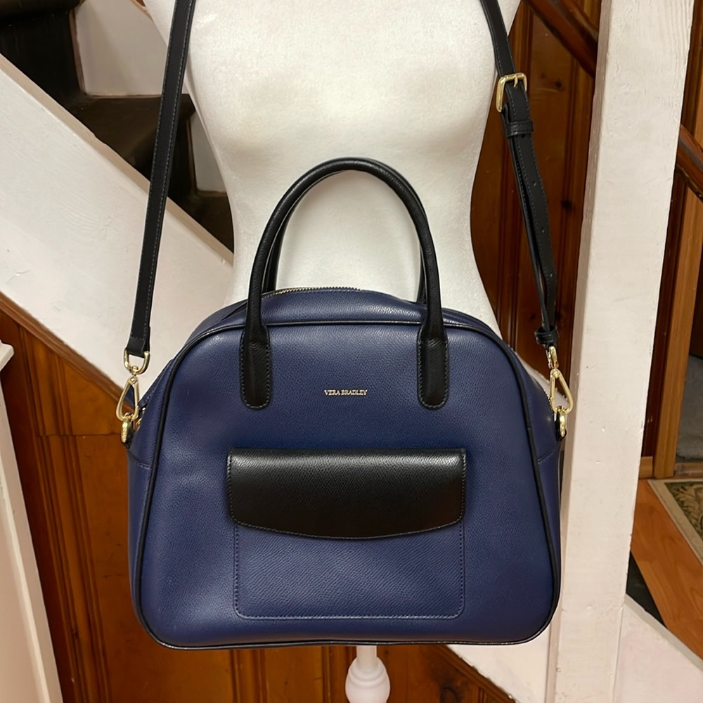 Vera Bradley Bowled Over Convertible Blue Leather Satchel EUC